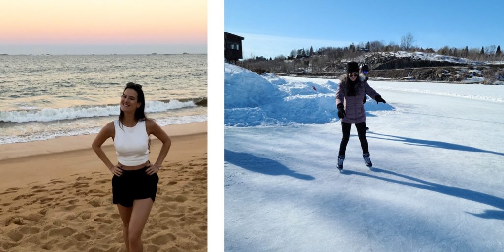 Conozca al equipo: Jessica Monteiro. A la izquierda: Jessica en una playa en Brasil. A la derecha: ¡la primera vez que Jessica patinó sobre hielo!
